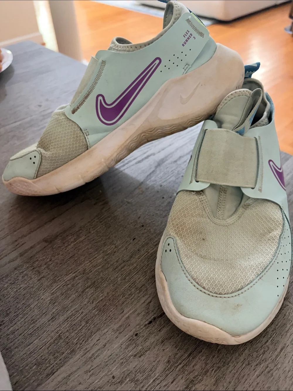 Nike Kids Mint Green Slip-On Sneakers with Purple Swoosh
